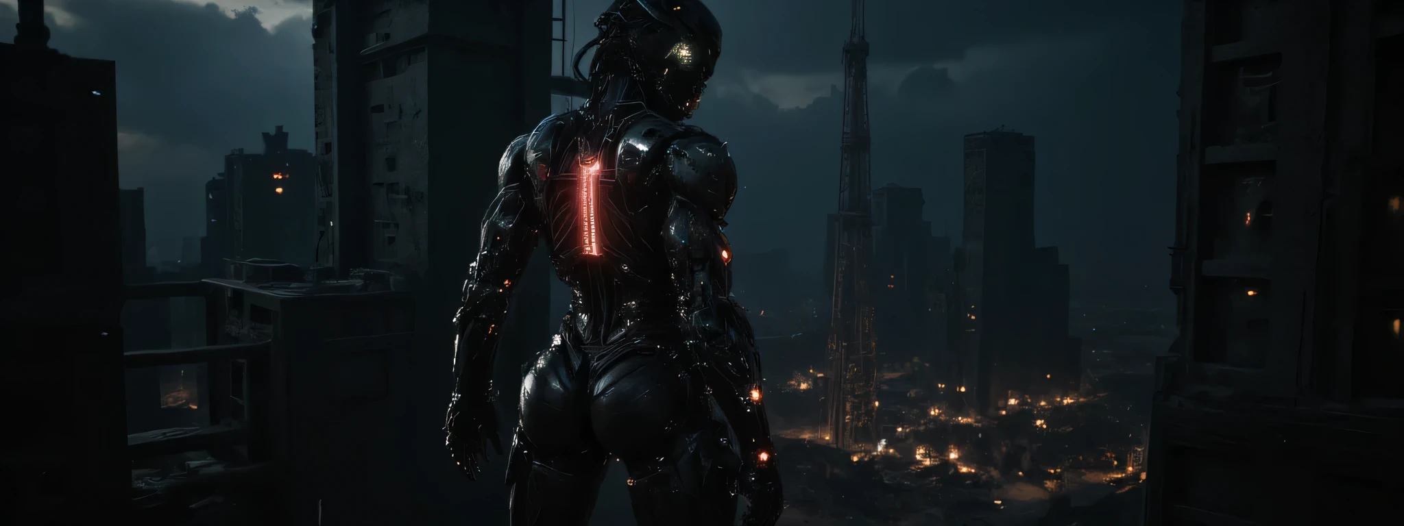 A biopunk woman stands on a tall building, looking down at the ruins of a bombed city far below. She is half machine, half woman, is heavily battle damaged, the areas that are still skin bloody and sweating. The lighting is very dark, the subtle LED of her armor casting shadows that accentuate the contours and mechanical details. The background is nearly black, the silhouette of a bombed city in the distant background, creating a quiet yet powerful atmosphere. The shooting angle is high above the city, with a sense of death due to shadow play and the positioning of mechanical elements. The overall composition and technical execution present a seamless blend of organic and technological features, evoking themes of future, integration, and identity. 8k super hd, uhd (full body:2)