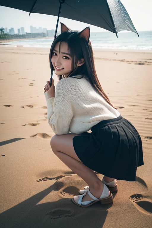 ((highest quality、8k、masterpiece:1.3)),((((fullbody shot)))),Ultra-high resolution,big eyes,Japanese,bangs,(a girl),(1 girl),((20 years old)),((facing at viewer)),(long hair),(((black sweater))),grin,((squatting in beach)),(((pussy))),((skirt lift)),(((black short crew socks)))