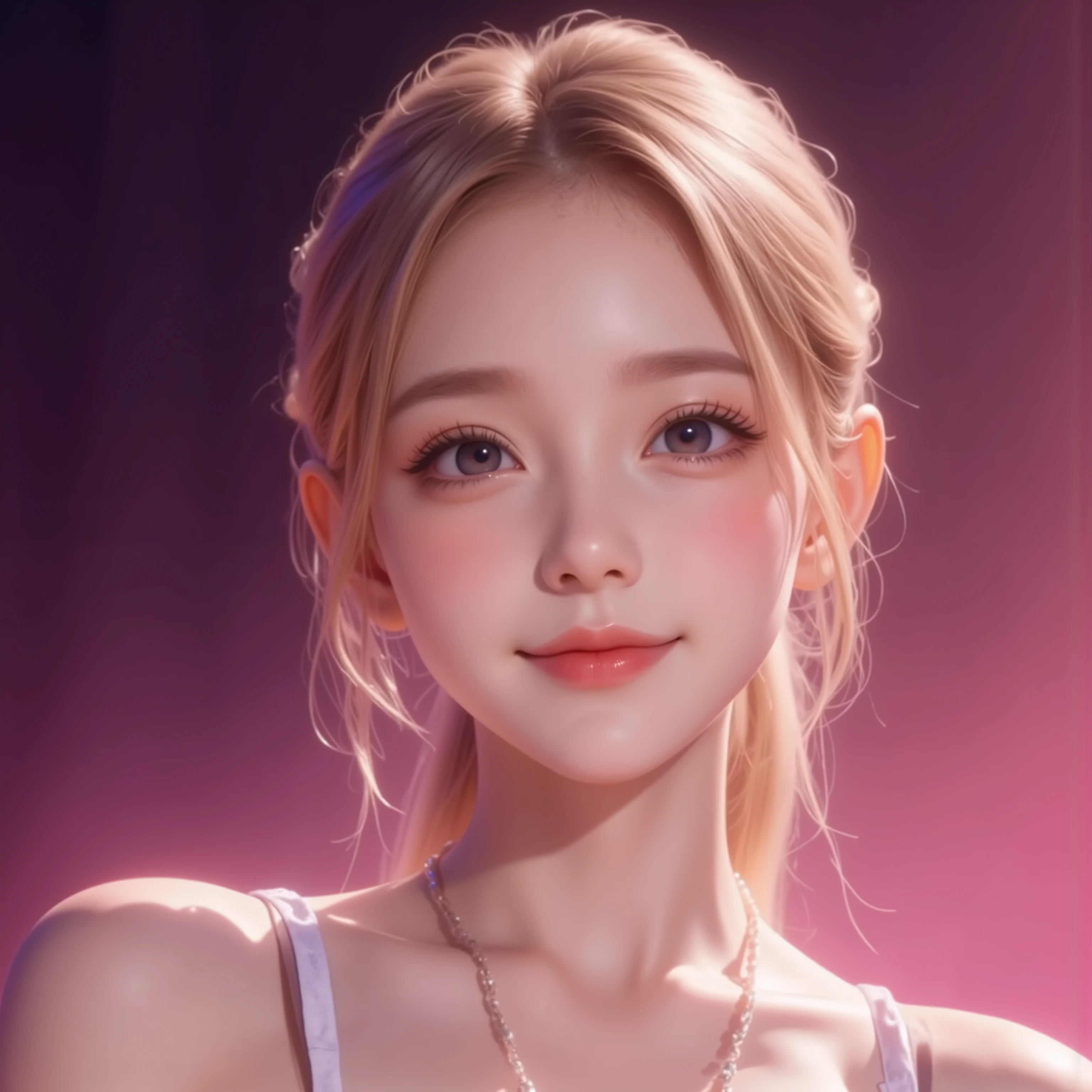 ((Bust,bust))((One hand holds the cheek))((One hand holds the cheek))(((Place your right hand on your cheek)))(( masterpiece, Top Quality, high resolution, highly detailed CG unified 8,000 wallpaper, 未经处理的photo)),front,( 8,000 Ultra HD、DSLR、Soft Light、high quality、Volumetric Lighting、frank、photo、high resolution、4K、 8,000、Bokeh),(detailed eye and facial details, warm color , Very Saturated,to show a charming smile, perfect face, pretty face, dark eyes , Clear Skin Visible , white zepi ,cosmetic, necklace, Jewelry),(Create stunning images of real girls, Warm light, dynamic pose, Elegant posture , cowboy lens, 从front看起来很自信 ,facing camera, golden ratio graphic, Minimalist, ), (Learning background), Russian schoolgirls,light blond hair、Gradient Hairstyle,(sexy, Perfect breast shape 、 very detailed breasts , 34E Cup ),(High waist, waist hollow ,Levan )(pink purple background)(The background has a light effect,Halo,Rich background)
