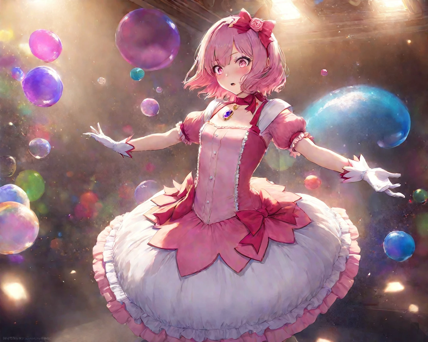 Masterpiece, best quality, super detailed, illustration, medium view, beautiful detailed eyes, ((far view, wide angle 1.31)), (glass jar:1.15),(girl in jar:1.35):(sitting girl), white hair, pink bow, sexy, facing face, big breasts, cleavage, big breasts, blushing, masturbation, Grab your own breasts, Spread your legs, bare legs, Raise your legs, underboob, visible bellybutton, pink hair, bow, purple bow