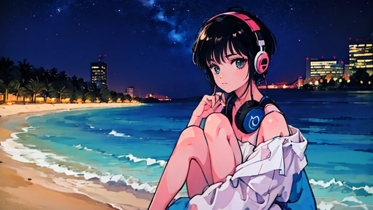 Bob Girl, Wear headphones, Urban Bed, Starry Sky, Enjoy the tranquility of lo-fi music,The background is the sea