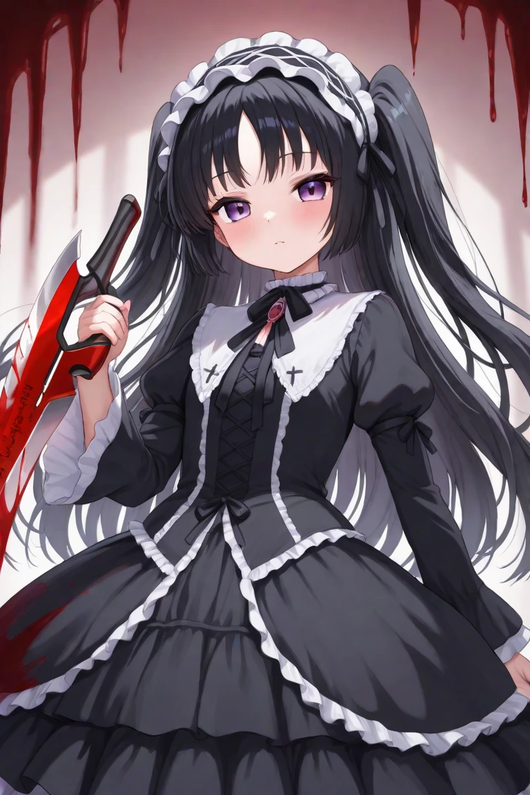 purple eyes, tears, scared expression, dull eyes, no eye highlights, black hair, long hair, straight hair, purple dress, (child:1.5), (blood:1.7), blood on face, holding knife, (bloody knife:1.5), upwards view, looking down, black cat in background, strained expression, dark background, dark lighting, creepy, solo, 1girl, dead body, bloody floor, inside house, (dark house:1.4), black expression, streaming tears, bloody clothes