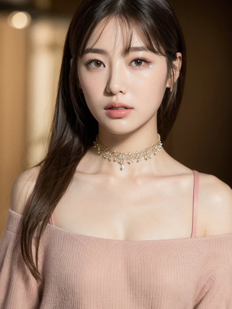 ((masterpiece: 1.4, best quality))+,(ultra detail)+, official art, unity 8k wallpaper, ultra detail, beautiful, high quality, Highlight your cute face, masterpiece, best quality, Popular shoulder length hairstyles, (brown eyes, brown hair), bust, looking straight ahead, laugh, (all nude:1.4), (bust:1.3), lace neck choker, jewelry earrings