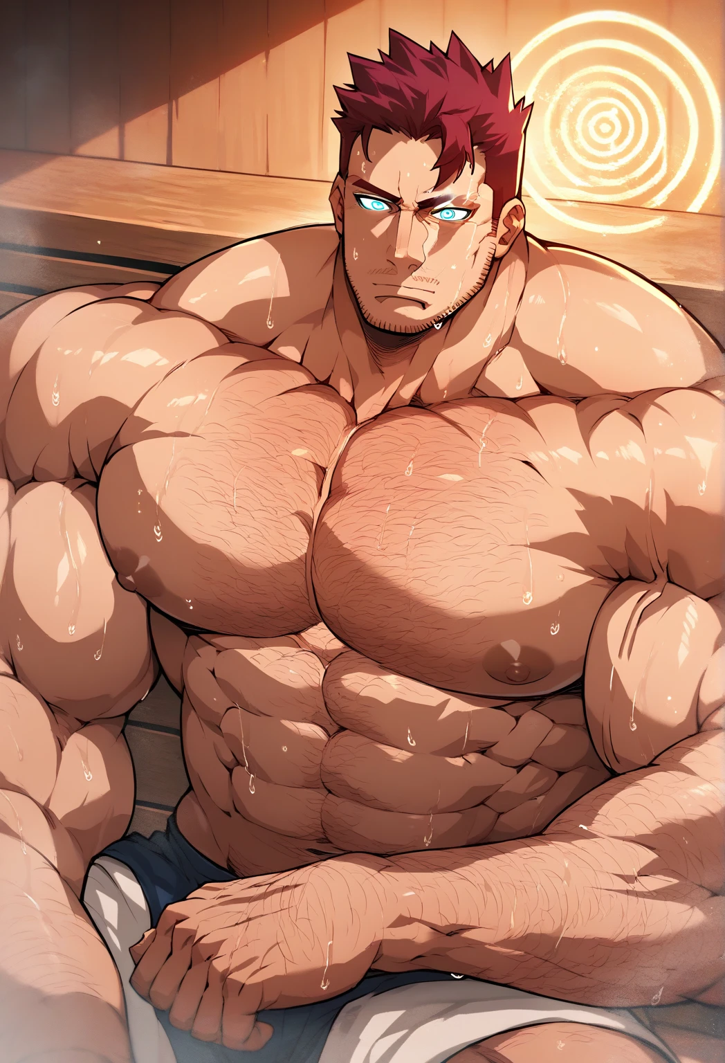 (masterpiece, best quality), 1boy, young man，infancy，Young age，dress room，Short round face，Flat chin，is shy，musculous, extremely muscular masculine character, hunk,, short red hair, blue-purple eyes, 复杂, (Baths), full bodyesbian,nakeness， White briefs,Pectoralis abdominal muscles，vivd colour,(depth of fields:1.2),(abs),Be red in the face，looking at viewert，A piano，spread their legs, ruby jeweled necklace, extremely muscular,huge bulge