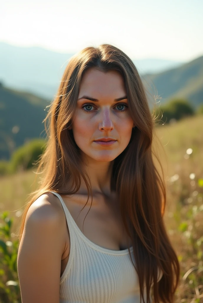 (Best quality,4k,8k,highres,masterpiece:1.2),ultra-detailed,(realistic,photorealistic,photo-realistic:1.37),scottish highlands,beautiful detailed eyes,beautiful detailed lips,extremely detailed facial features,long eyelashes,auburn hair flowing in the wind,flowing green grass,tall majestic mountains,cascading waterfalls,delicate wildflowers scattered across the landscape,sunlight peeking through the clouds,misty atmosphere,soft color palette,vivid colors,ethereal lighting