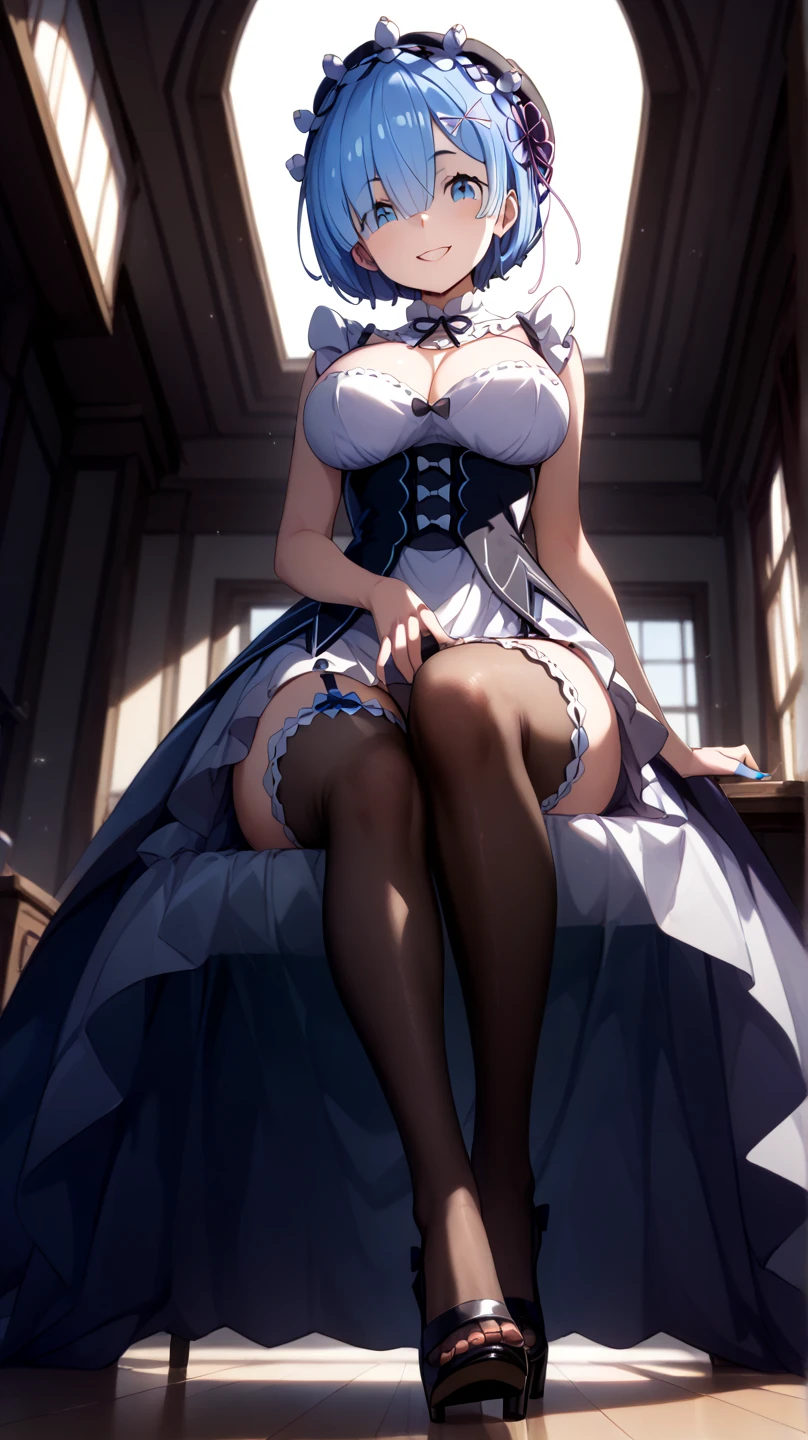 Lady Labrynth, large breast, blue eye, glowing, glowing eyes, happy) (digital) (crossed legs style in detailed ) , best quality, masterpiece, looking at viewer, smile, shenhedef, shenhernd, full body