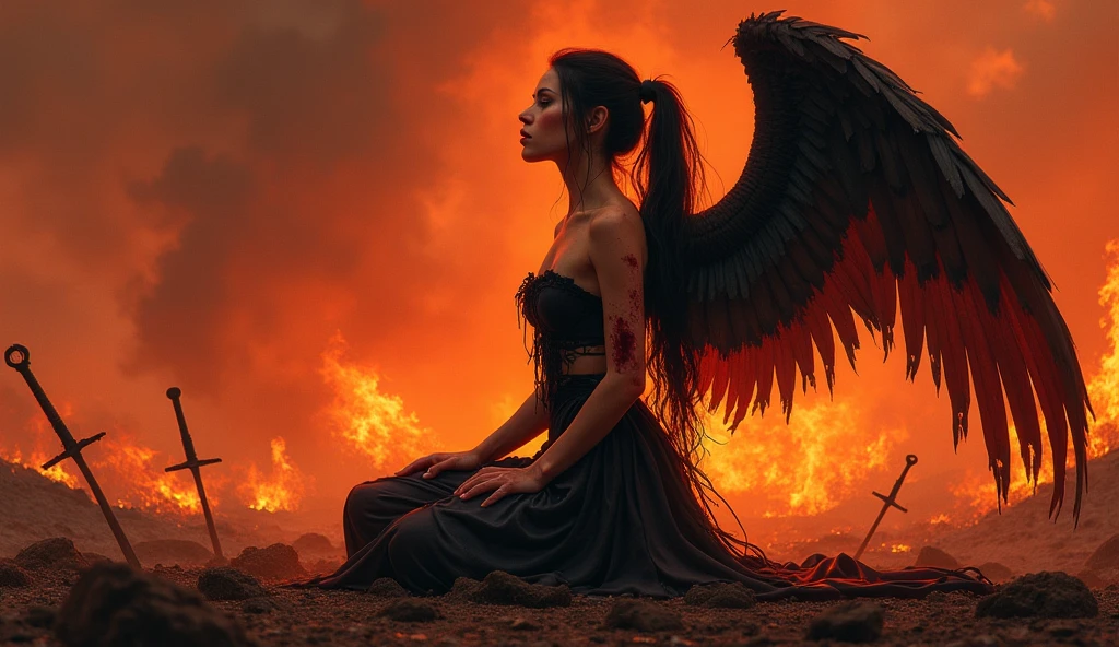 produce an image to be used as the background image of a card with the theme "fullbody evil fallen angel woman sit in the street of apocaliptic city in flames"