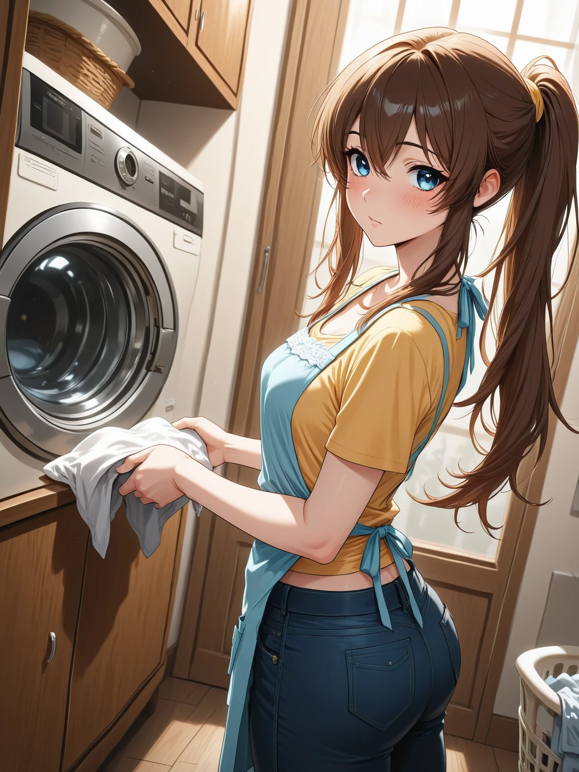sunsethuman, female, in her underwear, in a laundromat at night, folding laundry