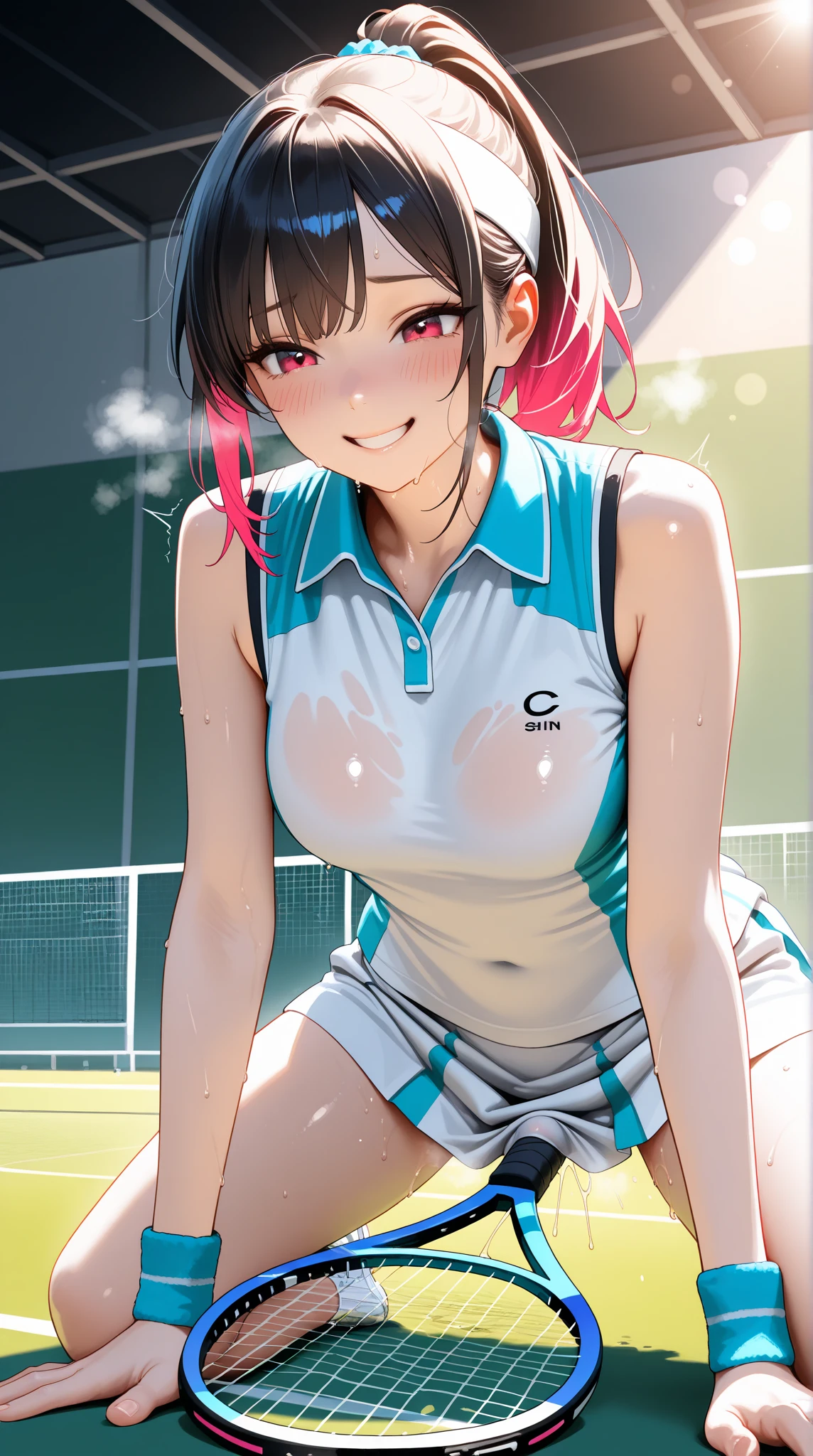 1girl, solo, tennis wear, white miniskirt, masterpiece, best quality, realistic, hyper-detailed, (shiny skin, sweaty:1.6), looking at viewer, black hair, brown eyes, slender, dynamic lighting, high resolution, sharp focus, depth of field, detailed eyes, sharp pupils, realistic pupils, (small breasts:1.9), (thick thighs:1.0), --auto