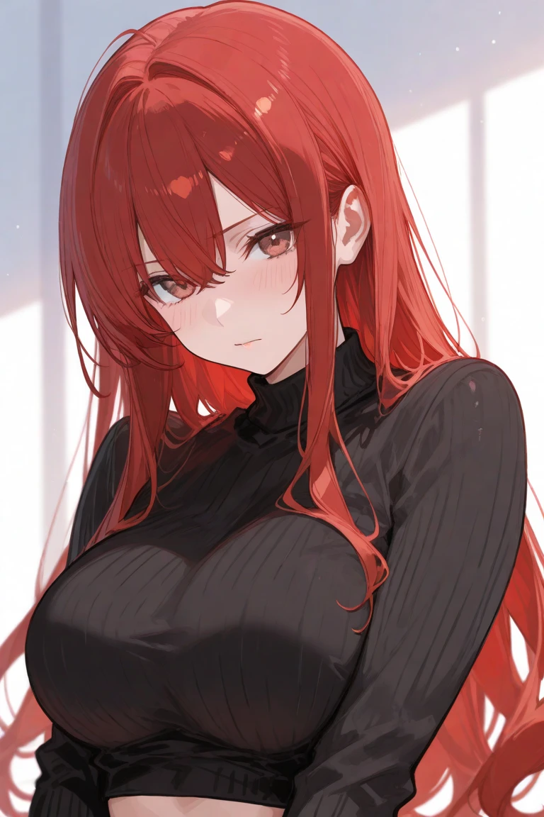 girl, giant breasts, Red hair, Red eyes, clear skin, black top shirt with neckline, short black skirt 