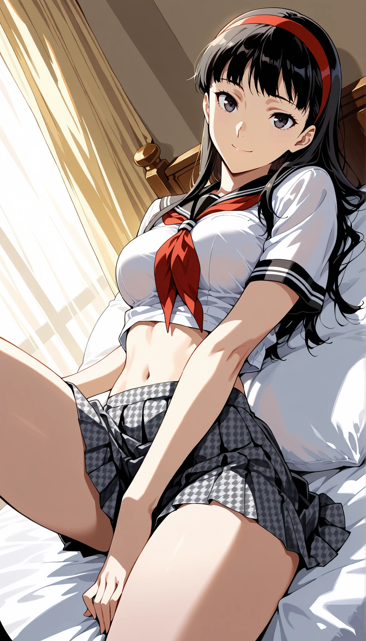 score_9,score_8_up  ,score_7_up  ,score_6_up  ,score_5_up  ,score_4_up  ,(source_anime), clip skip:2,(masterpiece:1.3),(extremely detailed CG unity 8k wallpaper),(vivid color:1.2),top quality , amazing quality, high resolution, absurd, very aesthetic, high resolution, (ultra detail), (lighting face:1.4),lighting front,perfect detail ,beautiful face,( beautiful eyes:1.4),shine hair,shine skin,(feature large highlight:1.4), 8k, perfect fingers,(perfect hands, perfect anatomy),(Aesthetic Anime Eyes:1.3),(feature large highlight:1.4),beautiful hair,(18 years old:1.3),day, pale eyes,(half closed eyes:0.6),(spread leg:1.2),,,Beautiful Legs,
NSFW,1 girl, Alone, cute face,(cowboy shot:1.4),(sitting:1.4),White pillow,white sheets,on the bed,supine,(dutch angle shot:1.0),hand between legs,
p4yukiko, amagi yukiko, long hair, black hair, bangs, black eyes,large breasts,(navel:1.2),赤面,
p4yukiko-winuni, NSFW,(乳首), ,(black underwear), skirt, pleated skirt, houndstooth, 
bedroom,, looking at viewer, smile, 
masterpiece, best quality, ultra detailed,