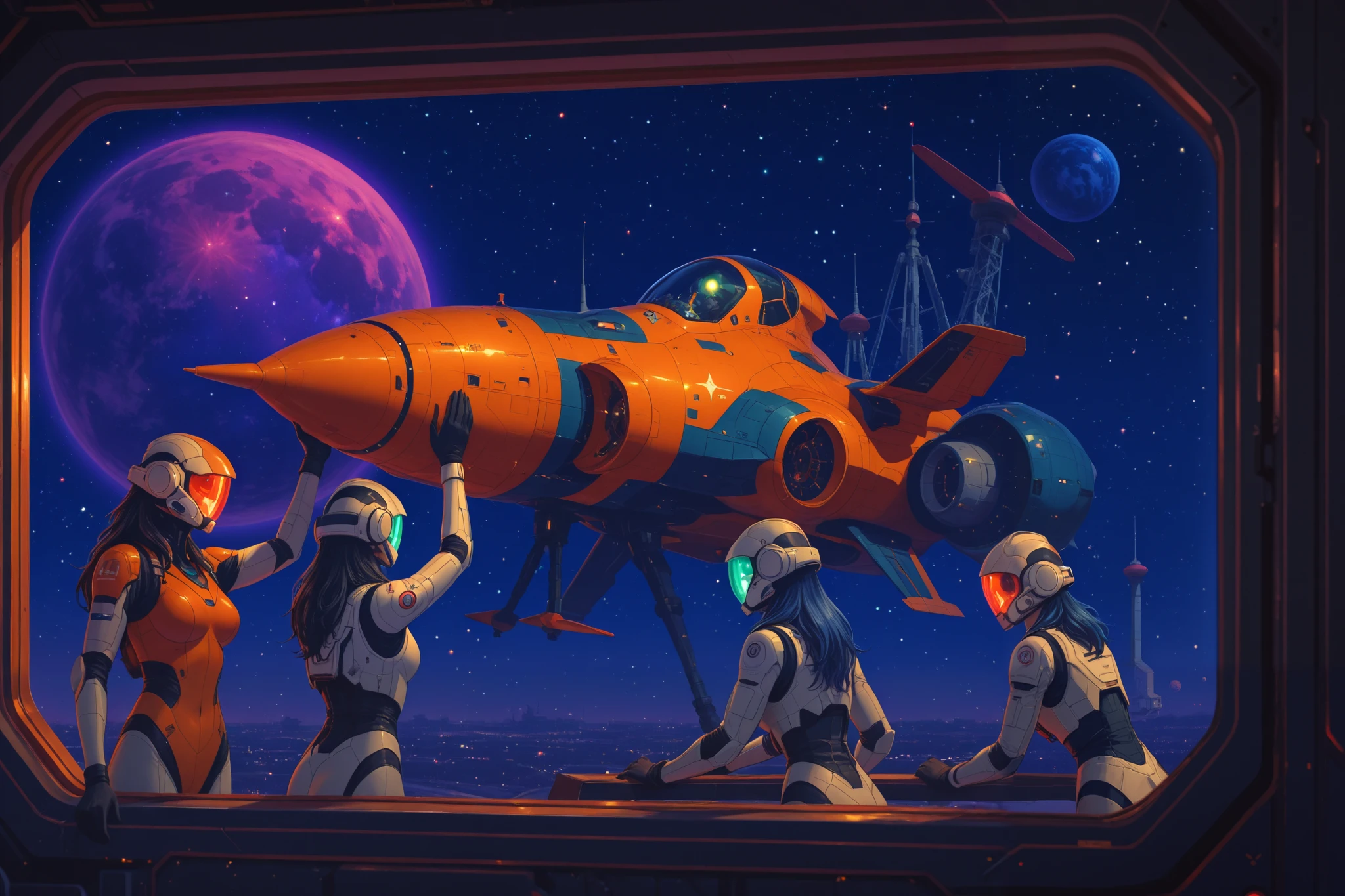 a space station window showing gynoid workers assembling an incomplete starship, suitable for use as a wallpaper or meeting background.
The gynoids are white with lights for individuality.