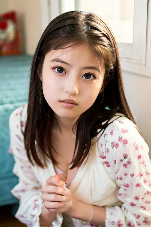 Best-quality, Masterpiece, Ultra-High-Resolution, (Photorealistic:1.4), Raw-Photo, depth of field, professional-lighting, in bedroom, 1girl, 11-years-old, the most famous Japanese idol, ((wearing only childish casual-dress with cute-design)), relaxing on bed, ((extremely cute face like the most popular Japanese idol, extremely childish face, ((extremely beautiful eyes, extremely big eyes)), extremely beautiful hair, extremely beautiful skins, extremely realistic skins)), extremely beautiful long-eyelashes, extremely beautiful lips, extremely childish body, innocent-smile, detailed bedroom