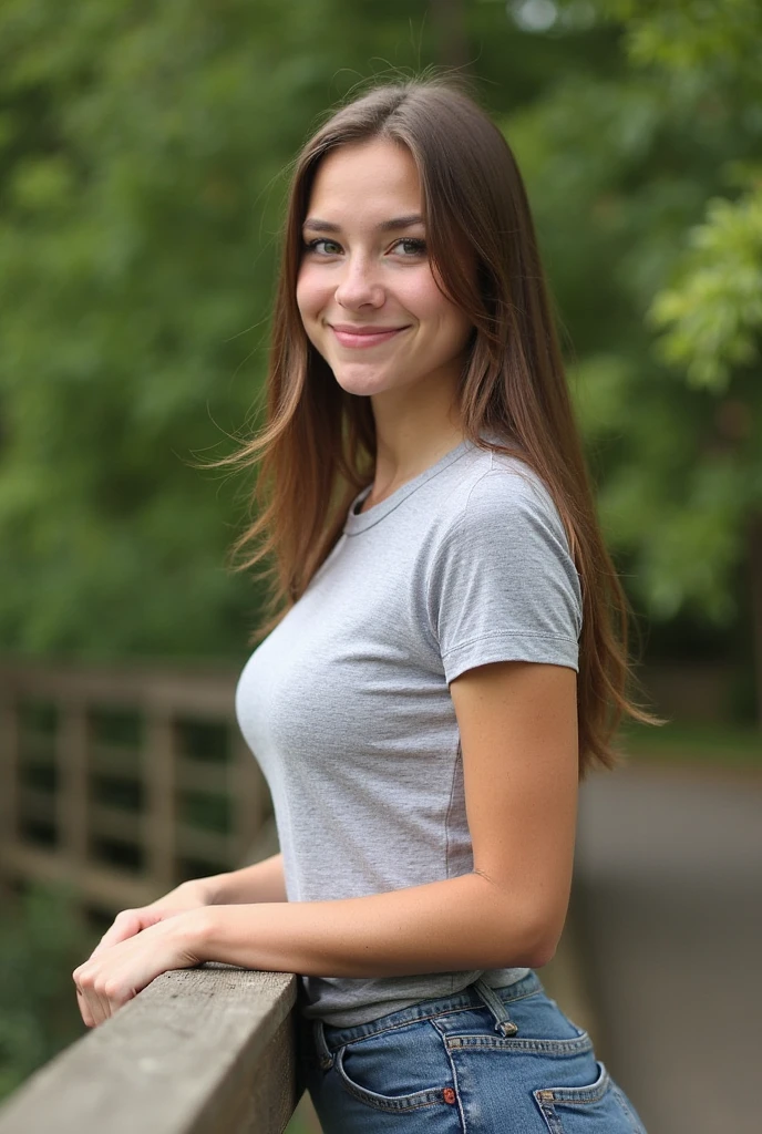 Beautiful woman from sweden, realistic eyes, realistic face, slim face, long brown hair, 20 years old, model, smiling, special camera angle, belly tanktop