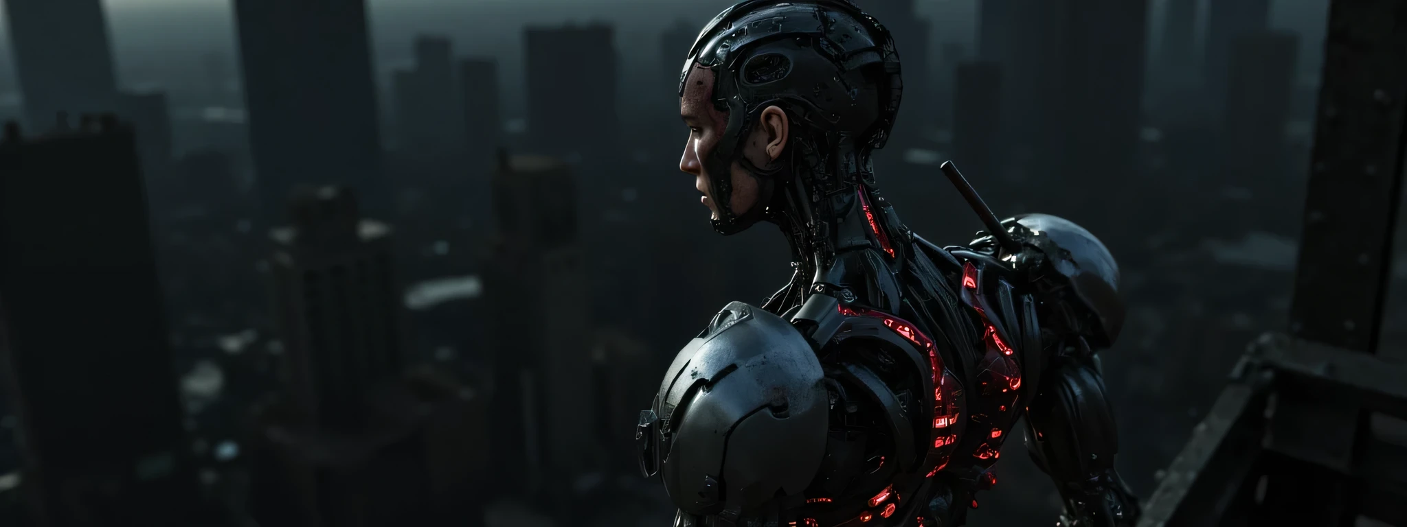 A biopunk woman stands on a tall building, looking down at the ruins of a bombed city far below. She is half machine, half woman, is heavily battle damaged, the areas that are still skin bloody and sweating. The lighting is very dark, the subtle LED of her armor casting shadows that accentuate the contours and mechanical details. The background is nearly black, the silhouette of a bombed city in the distant background, creating a quiet yet powerful atmosphere. The shooting angle is high above the city, with a sense of death due to shadow play and the positioning of mechanical elements. The overall composition and technical execution present a seamless blend of organic and technological features, evoking themes of future, integration, and identity. 8k super hd, uhd (full body:2)