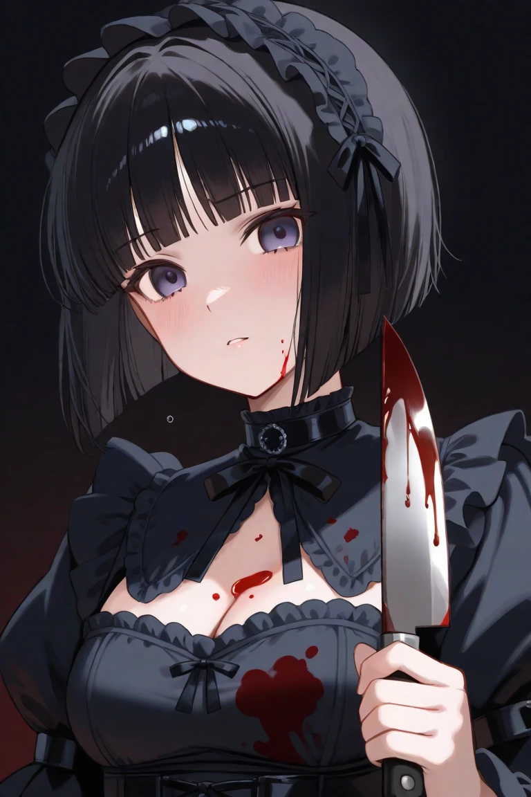 A girl with ((blood in her eyes:1.5))[0.7], different eyes well drawn, eyes with different pupils, serious face, lips with black lipstick, wearing a mourning dress with lace, white skin, short black hair with bangs, (eyes with different pupils:1.3), horror scenery background, cemetery, Paramount horror and lighting from Wit--Niji studios:5---light-studio--eyes-detailed--blood-eyes --s2
