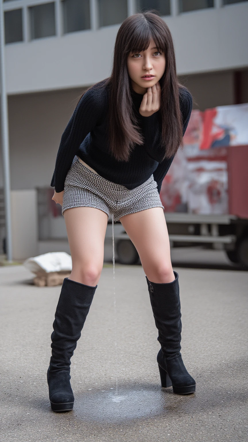 ((Beautiful Japanese Girl))、(Japanese Model)、((Cute Japanese Girl))、((Beautiful 12 year old girl))、(Black Hair)、(Straight hair)、(Random Hairstyles)、((whole body))、((Flat chest、Small breasts))、(immature body shape)、(whole body光沢肌、Fair skin)、((Completely naked))、((暗い cold stormy weather))、((Pouring rain))、((In the Storm))、((School Playground))、((Pouring rainの中(A girl squatting in the middle of the schoolyard))、((Pouring rainを浴びて(Soaked skin from head to toe))、((Rain dripping from the skin))、((Crowd in the background、There is an audience(The crowd looks at her with disdain.))