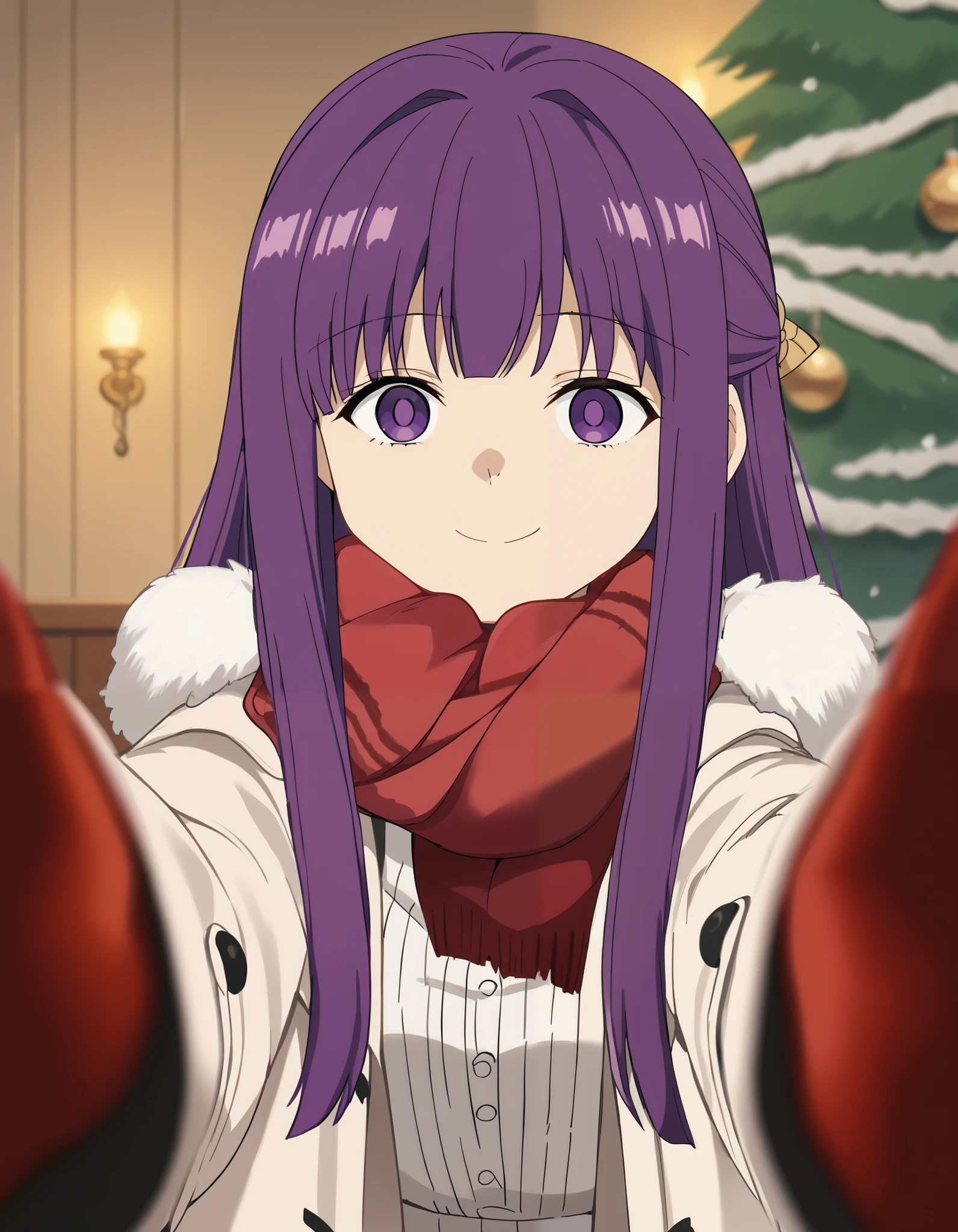 score_9, score_8_up, score_7_up, source_anime, Fern, long hair, bungs, purple eyes, purple hair, side lock, blunt bungs, bright pupils, half updo, Big Breasts, anime screencap, throw cheek warming, throw cheek warming (Memes), winter gloves, duffel comments, fur-trimmed scarf, Winter clothes, red Mittens, Memes, winter comments, red scarf, fur-trimmed comments, reach towards viewer, reach, Mittens, fur trim, white comments, open comments, scarf, comments, red gloves, it snows, throw, fur trim, depth of field, smile, ,, Christmas, Christmas tree, Christmas lights,, , Dutch angle, cowboy shooting from 16318 Take off