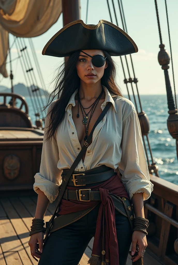 A beautiful pirate woman, detailed eyes, detailed lips, extremely detailed face, long eyelashes, pirate outfit, confident and fierce expression, standing on a ship's deck, overlooking the vast sea, pirate flag waving in the wind, golden sunset casting a warm glow on her, artistic oil painting style, high resolution masterpiece:1.2, rich colors, dramatic lighting.
