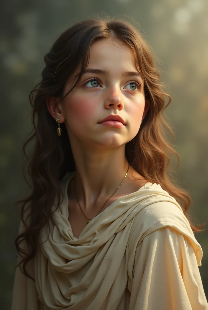 ((high resolution)), pale skin, freckled, brunette 13 year old girl, ((small breasts)), long curly hair, as a fantasy priestess, sun shining behind head, in the style of William-Adolphe Bouguereau