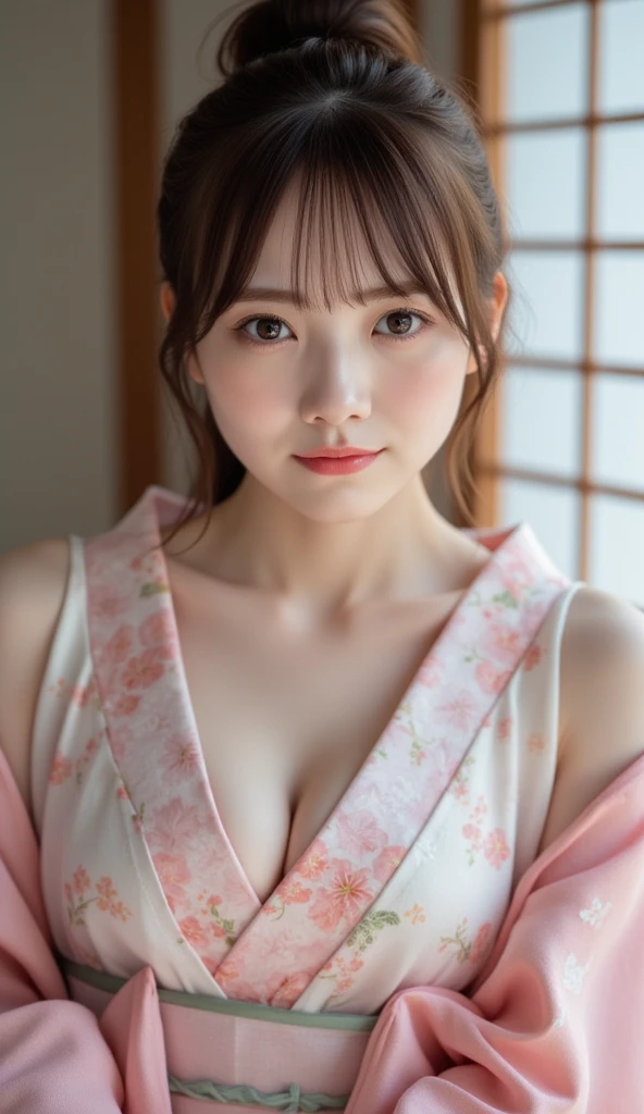 (Photorealsitic:1.4), (Top image quality:1.0), (超A high resolution:1.0), 8K, Raw photography, (masterpiece:0.2), (pureerosface_v1:0.5)、(Best Quality Detail:1.2)、realisitic、8K UHD、hight resolution、(1girl in:1.2)、The ultra-detailliert、High quality textures、intricate detailes、detaileds、Very detailed CG、High quality shadows、Detail Beautiful delicate face、Detail Beautiful delicate eyes、depth of fields、Ray traching,1girl in, japanaese girl, Cute, slender, Black kimono, Kimono with Japanese pattern,Floral scrunchie, Beautiful skin, Facing the front,Sit down, Sit upright and say thank you,Align your hands elegantly,Smile faintly The Land of Japan,Japanese garden,Luxury Japanese-style room, skyporn, Magic Hour, (Realistic:1.3), Finely detailed, quality, (masutepiece:1.2), (Photorealistic:1.2), (Best Quality), (Intricate details), Dramatic, Ray tracing, photograph, +Lola