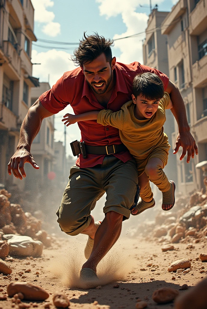 Man carrying a bleeding boy on his back