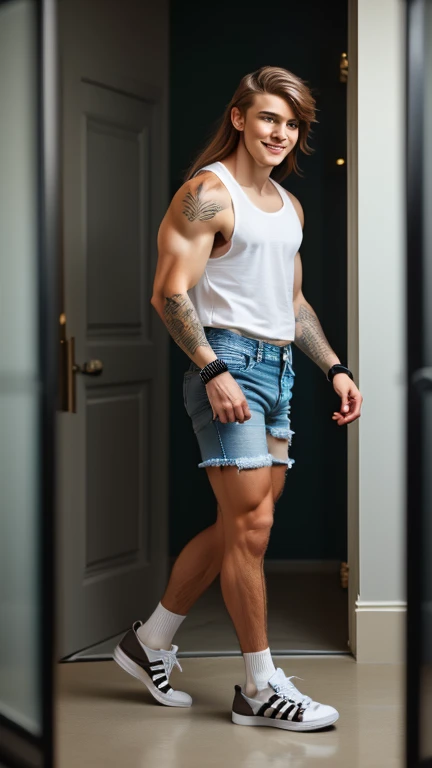 [Masterpiece, Best Quality],((Brazilian man, tattooed, muscular, strong, shirtless, wearing torn jean suspenders, long hair, beard, repairing a car in a workshop))),(Red Beetle with open engine, mechanic's garage), tools, table on the right, boxes, beer, tires on the floor, window, door on the left, frame on the wall with a photo of the mechanic working, ceiling fan,  yellow flannels, military boots on the floor, white wall color, rolls stacked on top of each other on the floor, open toolbox, (poster on the wall of a beautiful model woman on the wall), bright colors, bright, cinematic light, realistic, ultra realistic, perfect picture, --self --auto