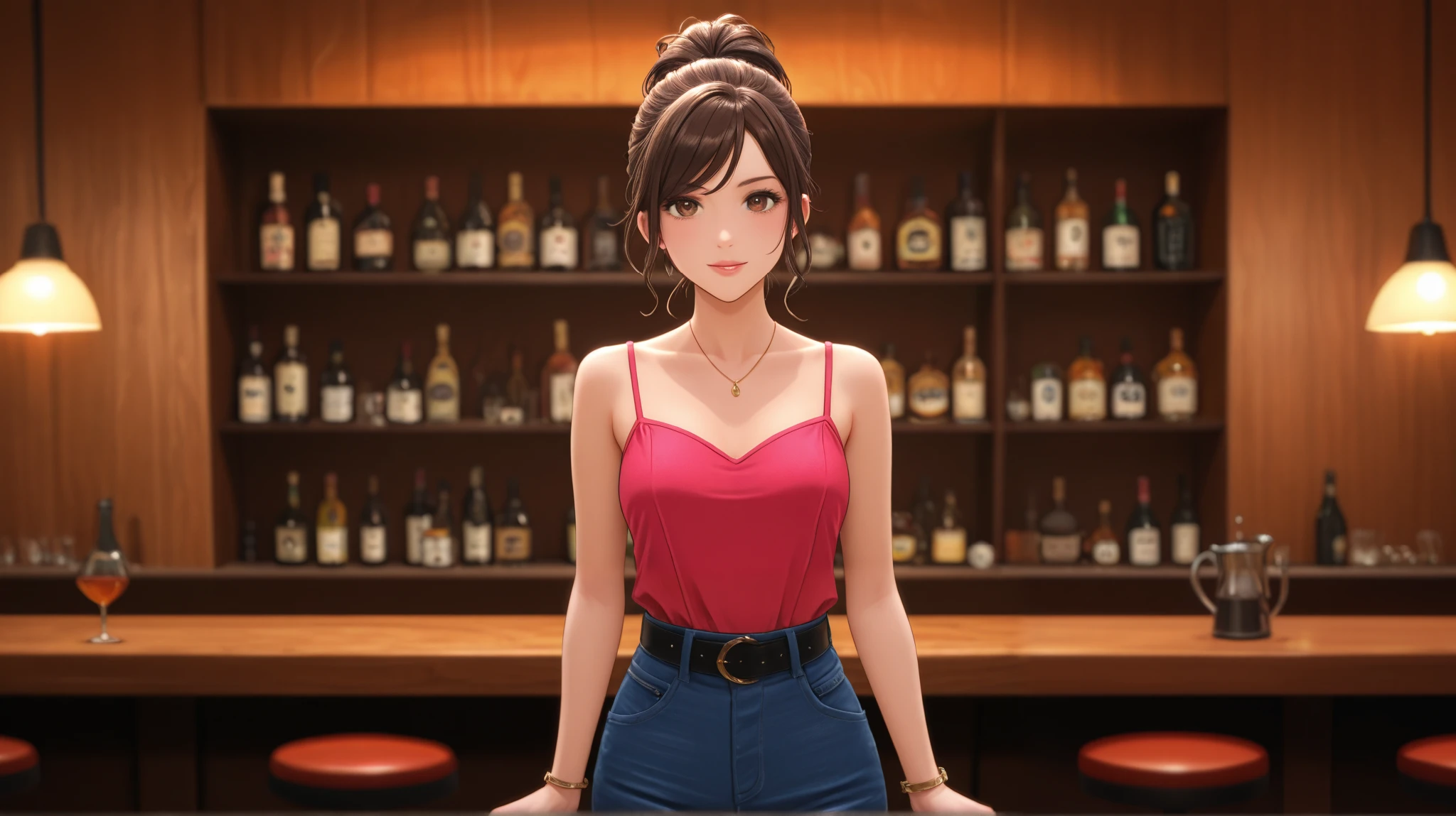 Pretty woman at the bar, standing by the bar, looking at viewer
