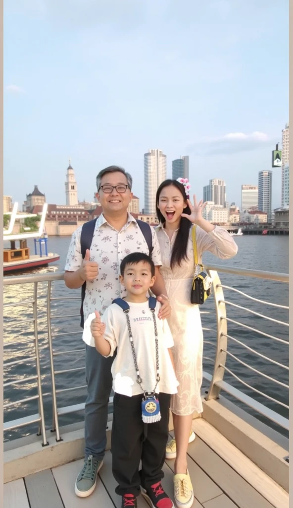 Husband wife and son on vacation on a small bamboo boat，Celebrate the Chinese Yuan Festival。They sat behind the steering wheel in the bow，Looks like a happy family。Chen Xintong and Cheng Yanjun were also on board，A family of three in three small boats。Imagine this is a watercolor，Use details and shadows to represent rivers and skies。