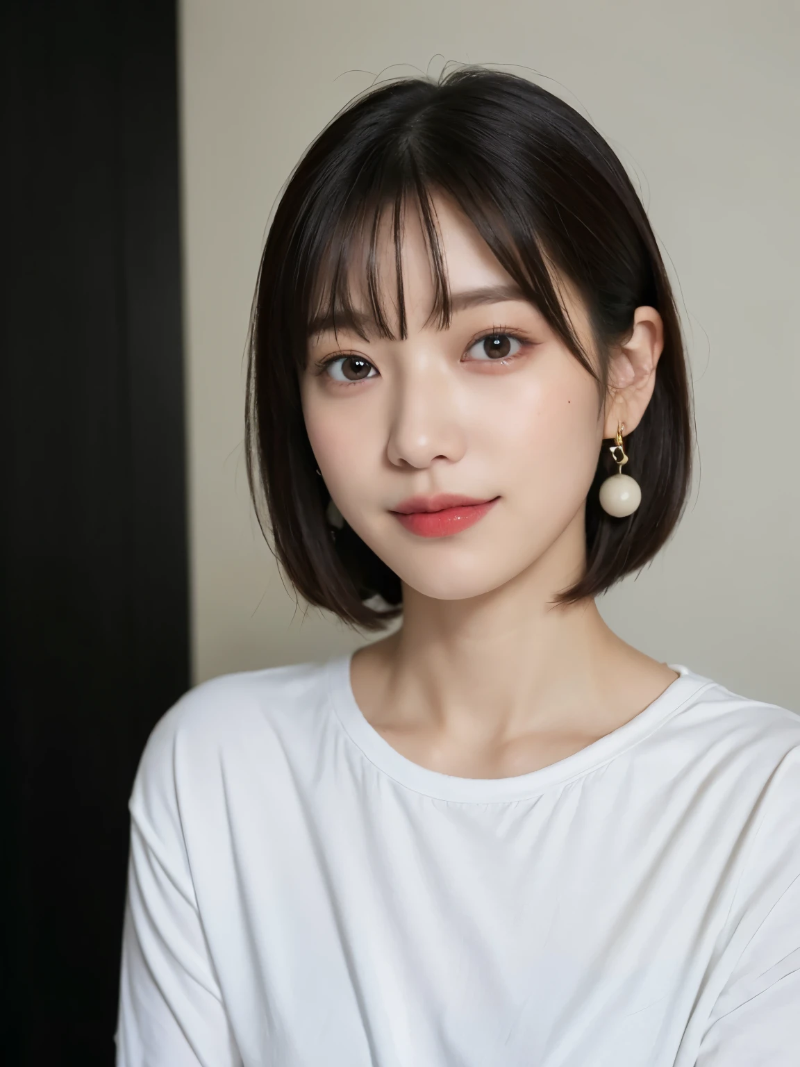 8K、Raw photo、highest quality、masterpiece:1.2)、High-definition RAW color photo、professional photos、(realistic、photo realistic:1.37)、、清楚な韓国人女性、オフィスレディスーツ、灰色のジャケット、シャツ、耳にピアス、ネックレス、laughter、white wall、T、カメラ目線、、bob、bobヘア、bob cuts、、ロングbob、、earrings、無表情、