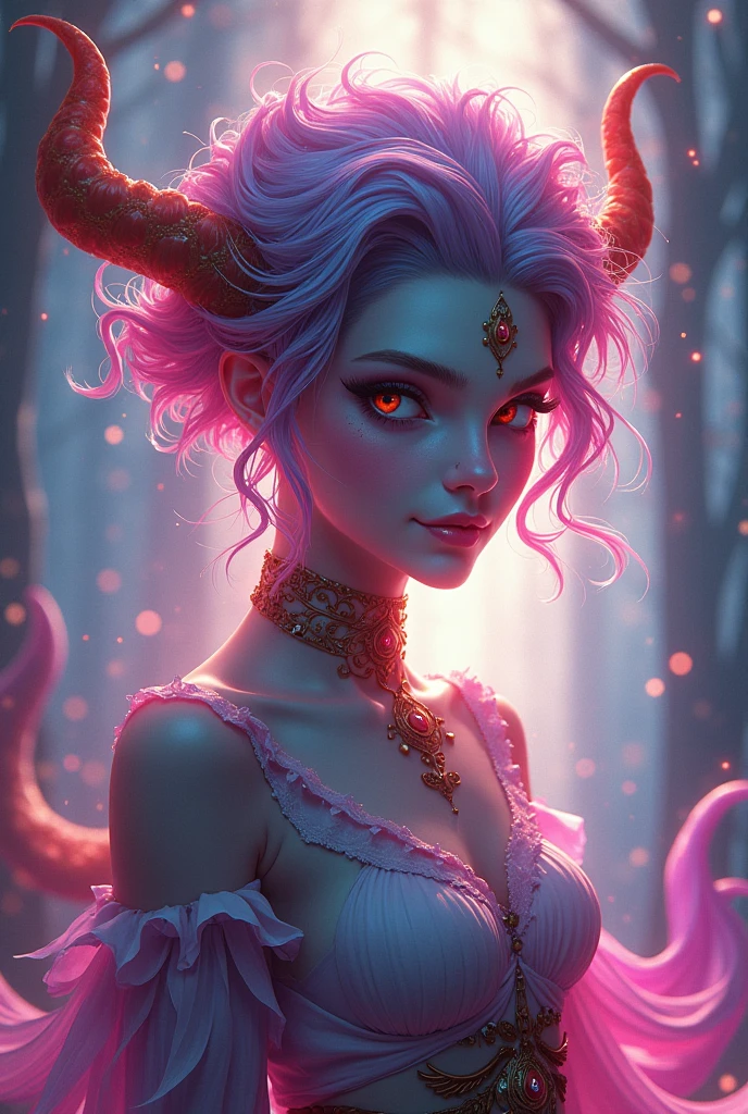A female demon with pink hair with blue tips