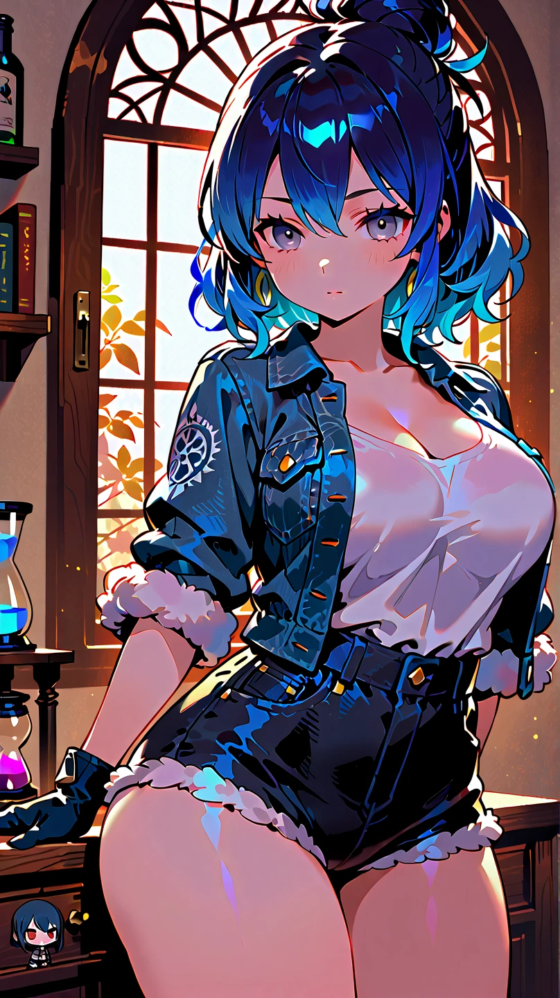 tmasterpiece,best qualityer,1girll,Denim skirt,(8K),realism,cleavage,blue hair,cat ears,plaid skirt,flying sweatdrops,cleavage cutout,hand on own chest,lotion