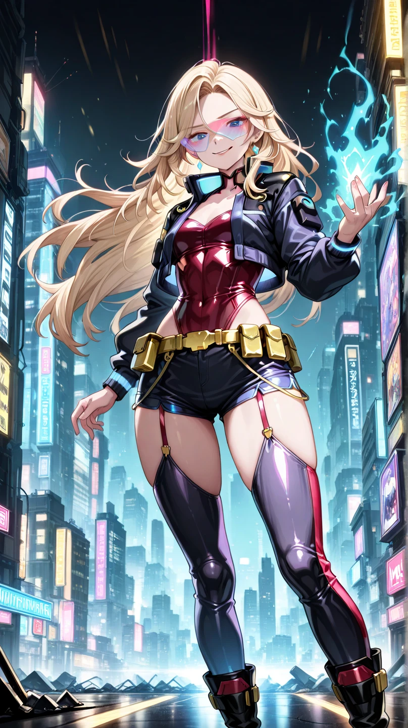 1girl, medium breasts, leotard, blue leotard with red accents, tight belt, bare legs, boots, matching boots, bracelets, city backdrop, solo, single, standing, full body shot, cowboy shot, beautiful detailed eyes, spread arms, spinning, spins fast in place like a tornado, twirling in place, tornado spinning, rapid gyration, space backdrop, motion blur, speed lines, tornado, time warp