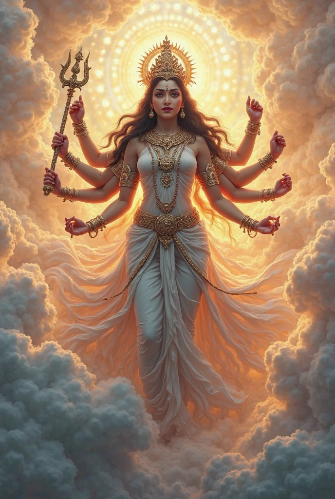 AI picture of a thousand hands thousand eyes buddha with long black hair wearing white outfit brighter background standing on a lotus flower and all hands holding different types of weapons