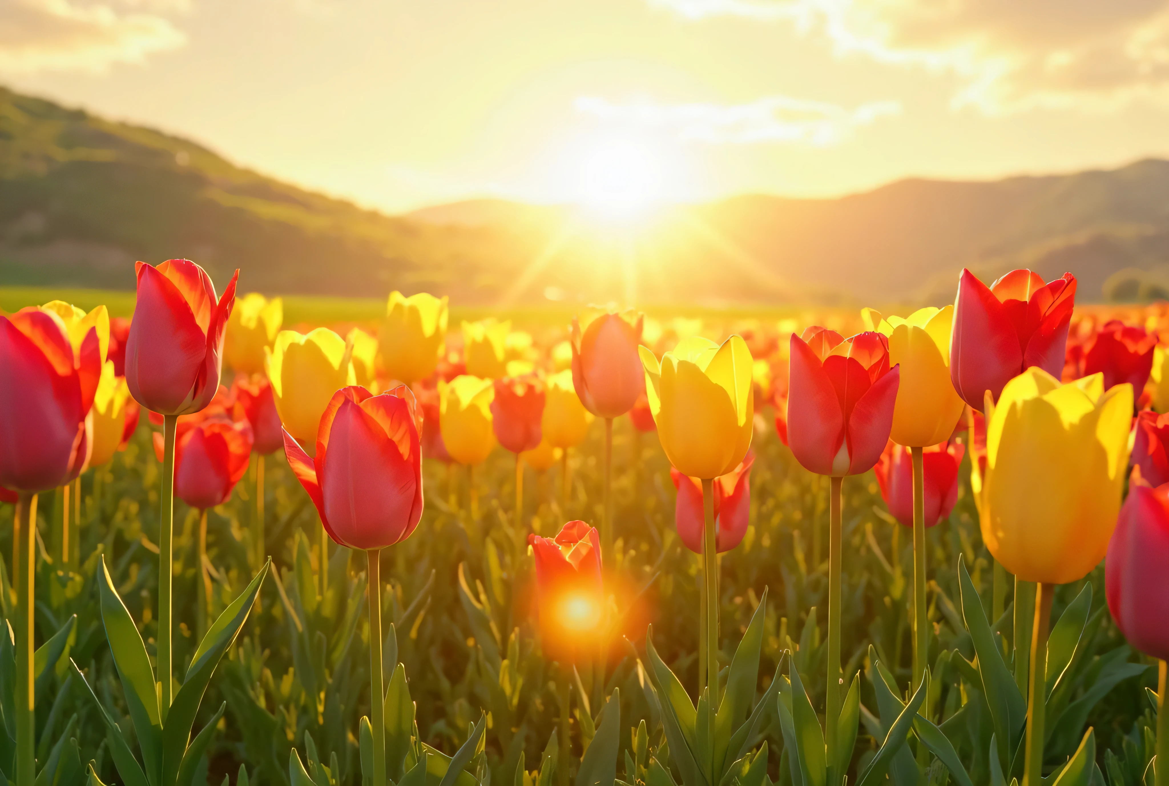 Allafid tulip field,The background is sunset, Inspired by Phil Koch, author:Phil Koch, vibrant sunrise, at sunrise in springtime, beautiful sunrise, floral sunset, breathtaking landscape, epic sunrise, heavenly landscape, breathtaking shot, golden rays, Early morning sunrise, the brilliant dawn on the meadow, sunset warm spring, Amazing landscape, golden morning light