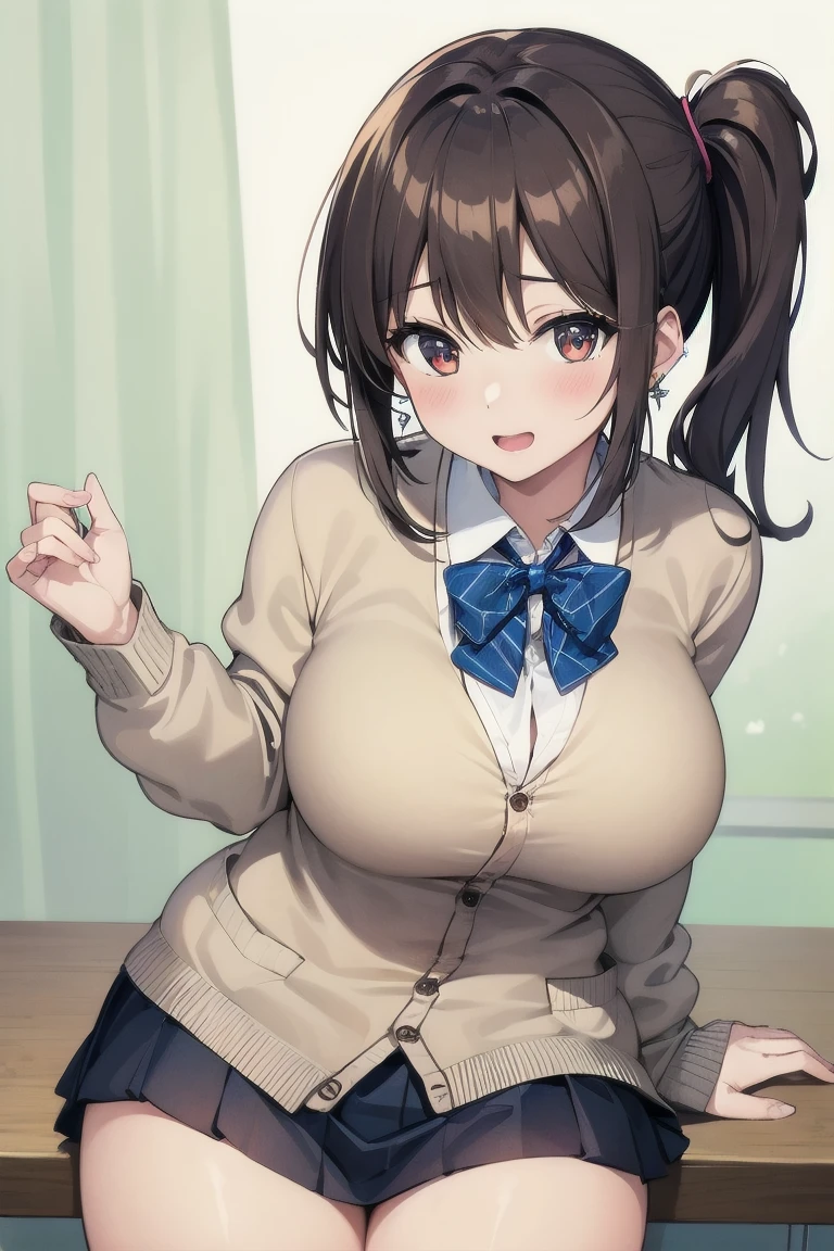 high quality,masterpiece。Cute brown hair woman,Adult female,Hairstyle: Short hair,Bobcut。She stands upright with her face and body facing the viewer,True Identity。Her hands are empty,The hands are not posed。She seems tall。Her breasts are very large,Good style。She is smiling with her pretty face,Both eyes are brown in color。Her outfit is a pink striped sweater.,Black mini skirt,Black stockings on both legs。She is standing,You are standing indoors。