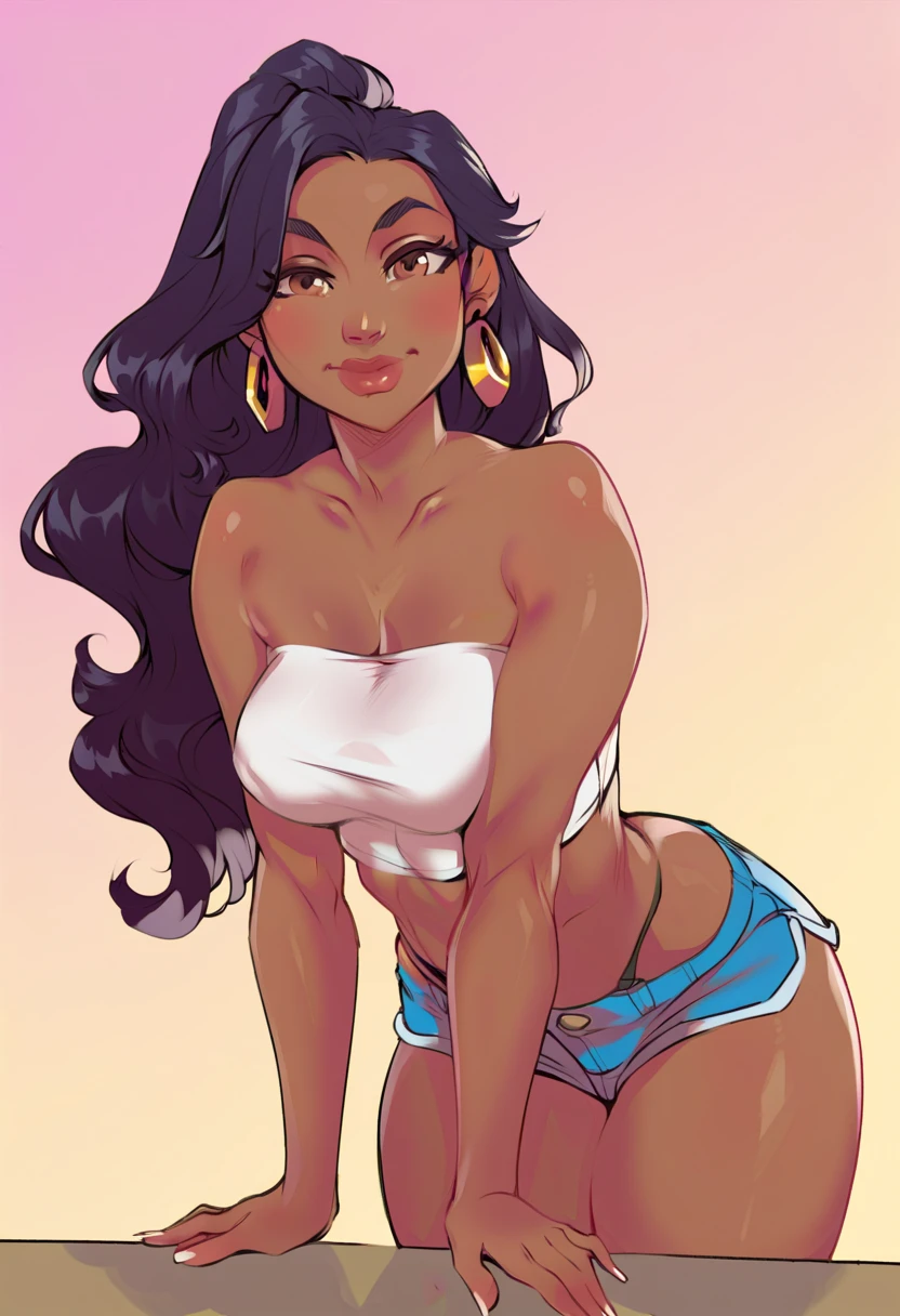 1girl, looking back, booty, blush, amazing, lovely girl, from behind, ((NaniWaifu, swimsuit, one-piece swimsuit, hair flower, dark skin)), best quality, great artwork, sensual image, bouncing ass, (white background, shy, simple background, clean:0.9), smile, eyes detail, red swimsuit