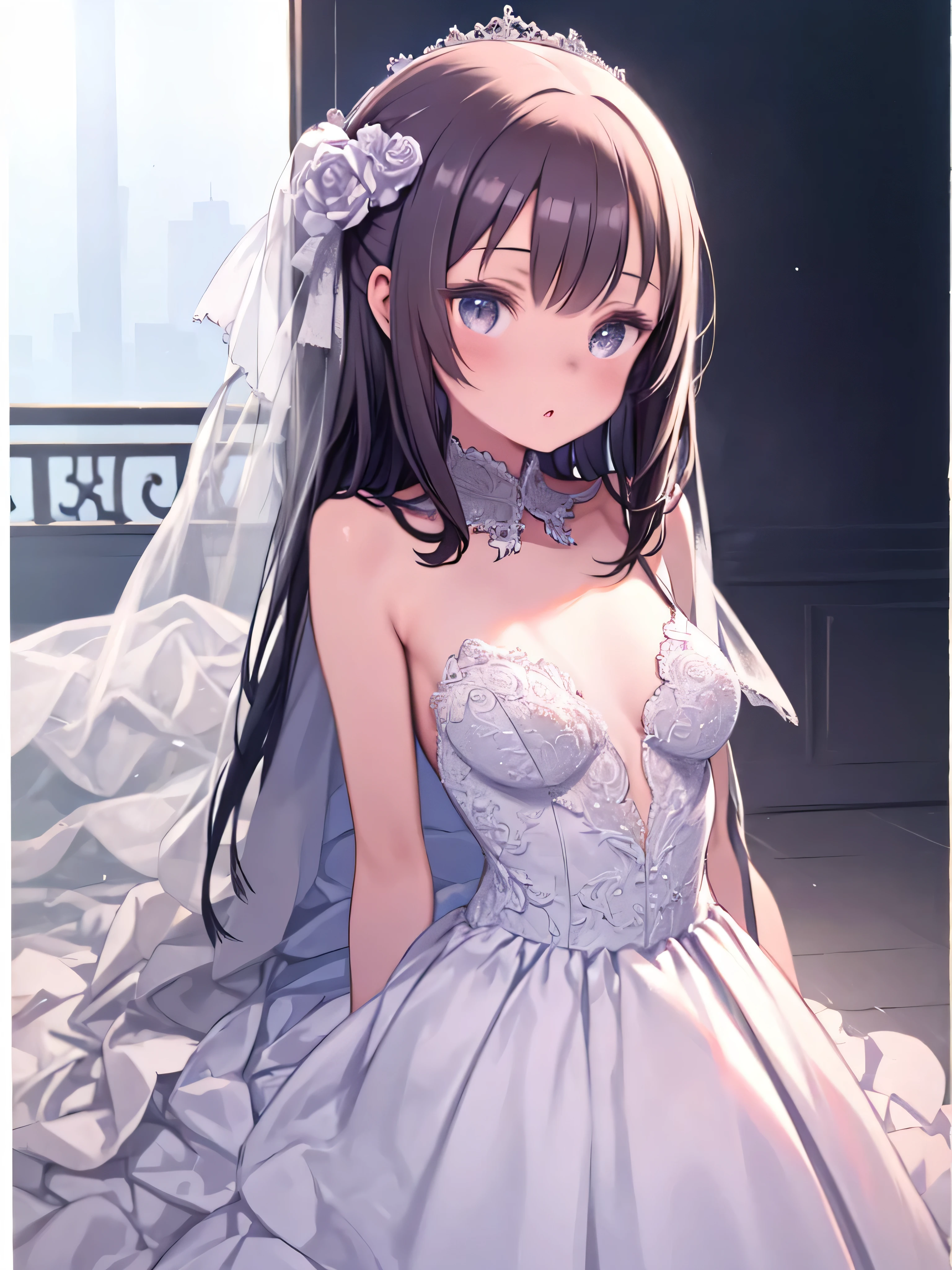 highly detailed skin, highly detailed face, (beautiful detailed eyes, red cheeks, smile), ((a girl stands)), The girl is a cute 18 year old bride, ((no panties, Cute, thin pubic hair)), (Not wearing a bra, small breasts, cute nipples), (purple wedding dress), ((purple heel shoes)), (white tights), lace short skirt, light brown hair, short low twintail hairstyle, flower hair ornament, earrings, purple lace gloves, The Veil of the Bride, bride tiara, beautiful necklace, church chapel, A blizzard of falling flowers, ((Photographed from the front so that the girl's whole body is included)),