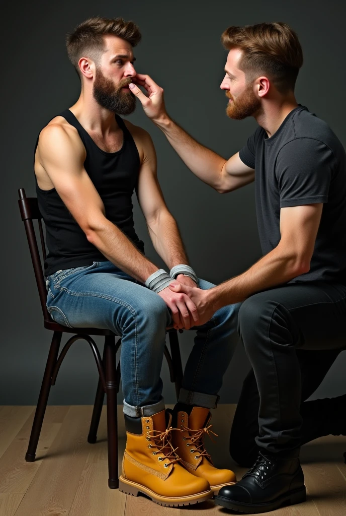 Two men showing their penises on a chair masturbating