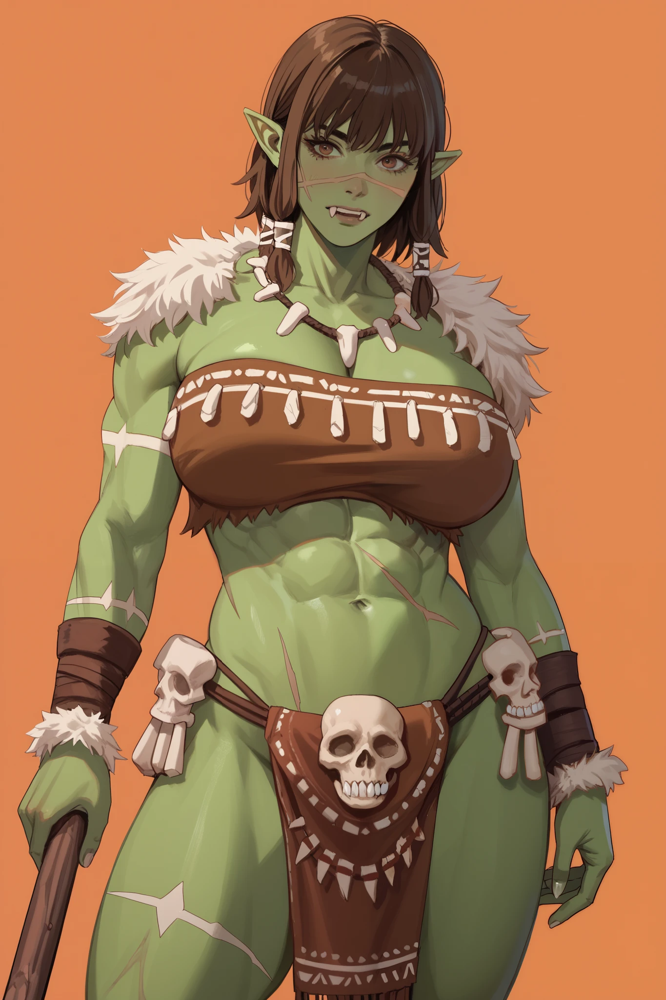1 girl, short brown hair, bangs, pointy ears, green skin, tusks, voluptuous, giant breasts, body painting, six pack abs, scars, fur brown top, fur brown loincloth, tribal, bone giant hammer, simple orange background 