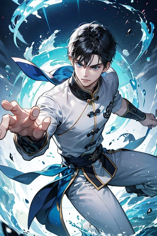 (Martial arts style works),(quality),(height),(Detailed background of a young boy.),(Water element),(beautiful),(Wearing a blue and white traditional Chinese dress),(Thin muscles)(light and shadow),(1 man),(ornamentation),(Chinese anime subtitles),(One blue sky ring)