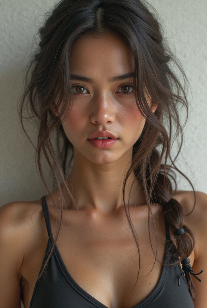 Braid hair, raw photo, real photo, young girl, drooping eyes, Beautiful clear eyes, unique, individual, distinctive face, real skin, Bare skin, slightly open mouth, (Seductive transparent underwear), (dripping, cleavage, fascinating chest), saggy breasts, saggy fascinating chest, lovely, neat, calm, happy, innocent, peaceful, soothing, youthful, irreplaceable, (Extremely high-density images, Ultra-high resolution, 8k, Extremely high resolution, Super fine skin texture), dimple, charming, (fascinating look), dynamic angle, Floral wallpaper background