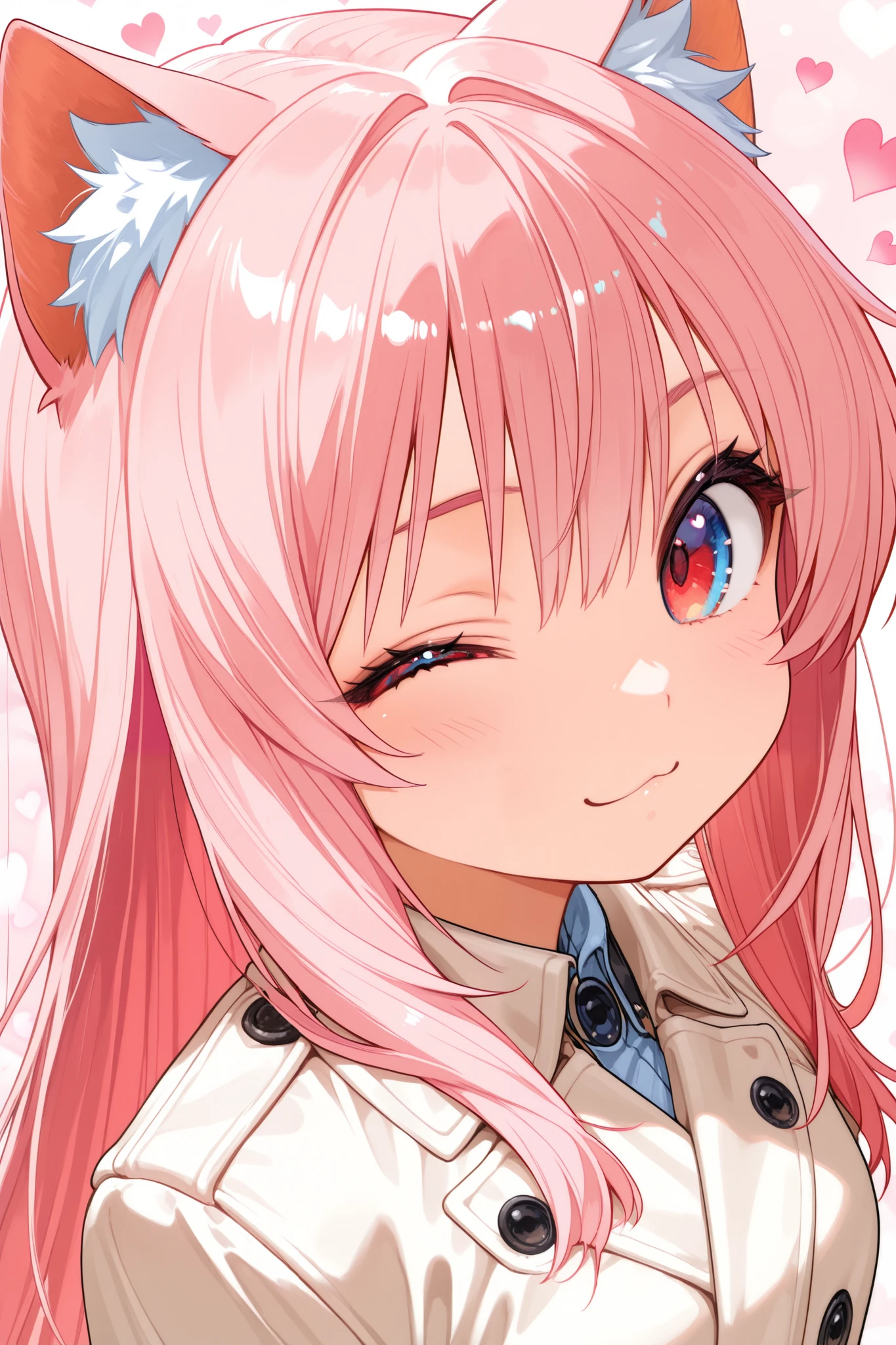 pink longhair , red eyes on the left,blue eyes on the right,Pink love hearts inside eyes,Wearing a white trench coat ,Cat ear girl,cute anime image,tchibi,single girl,Wink, cute expression