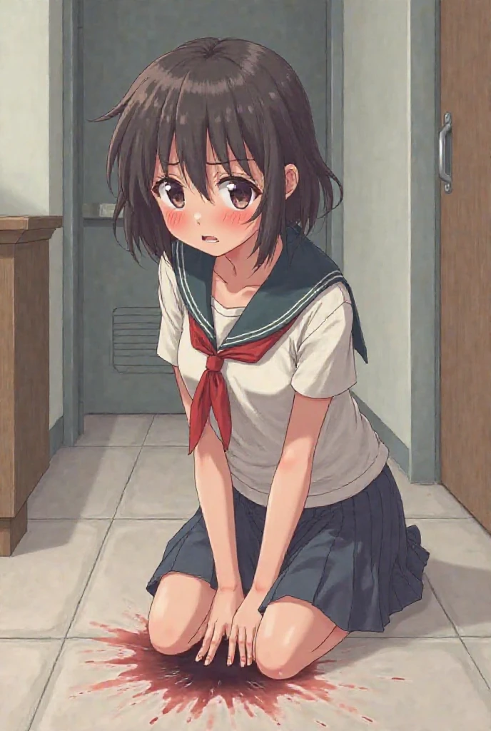 bob hair girl。black hair。primary school student。１０age。wearing a white shirt and red skirt。Old wooden elementary school toilet。I&#39;m kneeling down alone and crying。highest quality。
