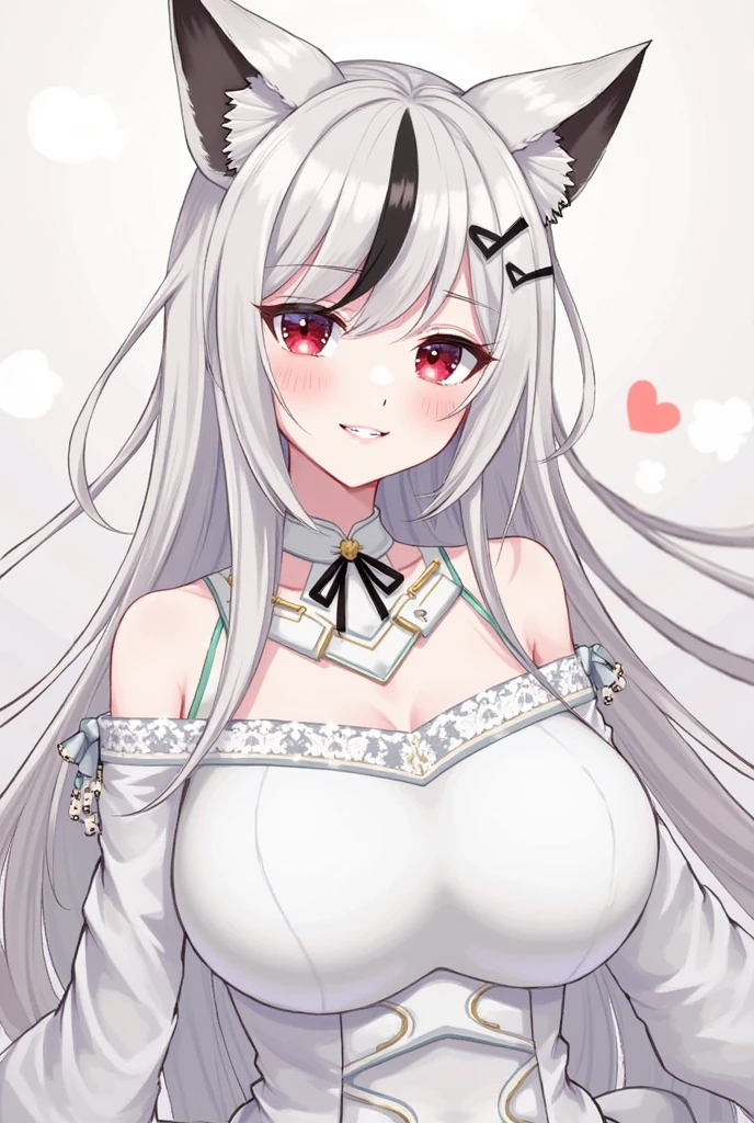 light grey wolf. Her bangs and the tip of her tail are a darker grey color. She has a pink, heart shaped nose and her cheeks always appear to be blushing. She wears a dark grey kerchief with pink spots tied around her neck by a pink skull charm. SPARKLE; GLITTER