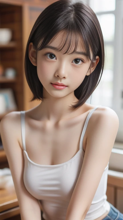 (masterpiece, highest quality:1.4), Award-winning portraits, 8K, 85mm, alone, Beautiful Face, Delicate girl, Biolaces, Gardenia, grace, Sophisticated, cute, Teen, Watching the audience, 15 years old, Raw photo, Disorganized, HDR, Sharp focus, Background bokeh、(((Flat 、A slim and delicate body、A youthful atmosphere、Full Body)))、Her shiny, medium-long hair is tied up.、Hair swaying in the wind、Mole on the left cheek、Large, round, dark blue eyes、Full Body、Junior idol、Nogizaka Idol、Mole under the eye、sexy、((basement、Embarrassing appearance、Anxious expression))、