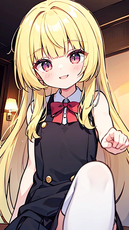 A girl, Lolita style, maid, blonde hair, long hair, twin tails, long twin tails, bangs, heterochromatic eyes, one pupil is purple, one pupil is gold, black stockings, stockings, flesh Legs, lift skirt to reveal panties, black lace panties, panties, briefs, lace, lace briefs, translucent briefs, blush, tenderness, smile, high quality, don't show excessive composition problems, masterwork, skin Fair, smooth skin, clear pupils, high-definition picture quality, perfect composition, fine characterization, extreme details, coordination of light and shadow, precise body proportions, (correct proportions of facial features), (exquisitely sculpted face), epic works, 8K, (Masterpiece), (High Quality), (Super Detailed), ((Illustration))