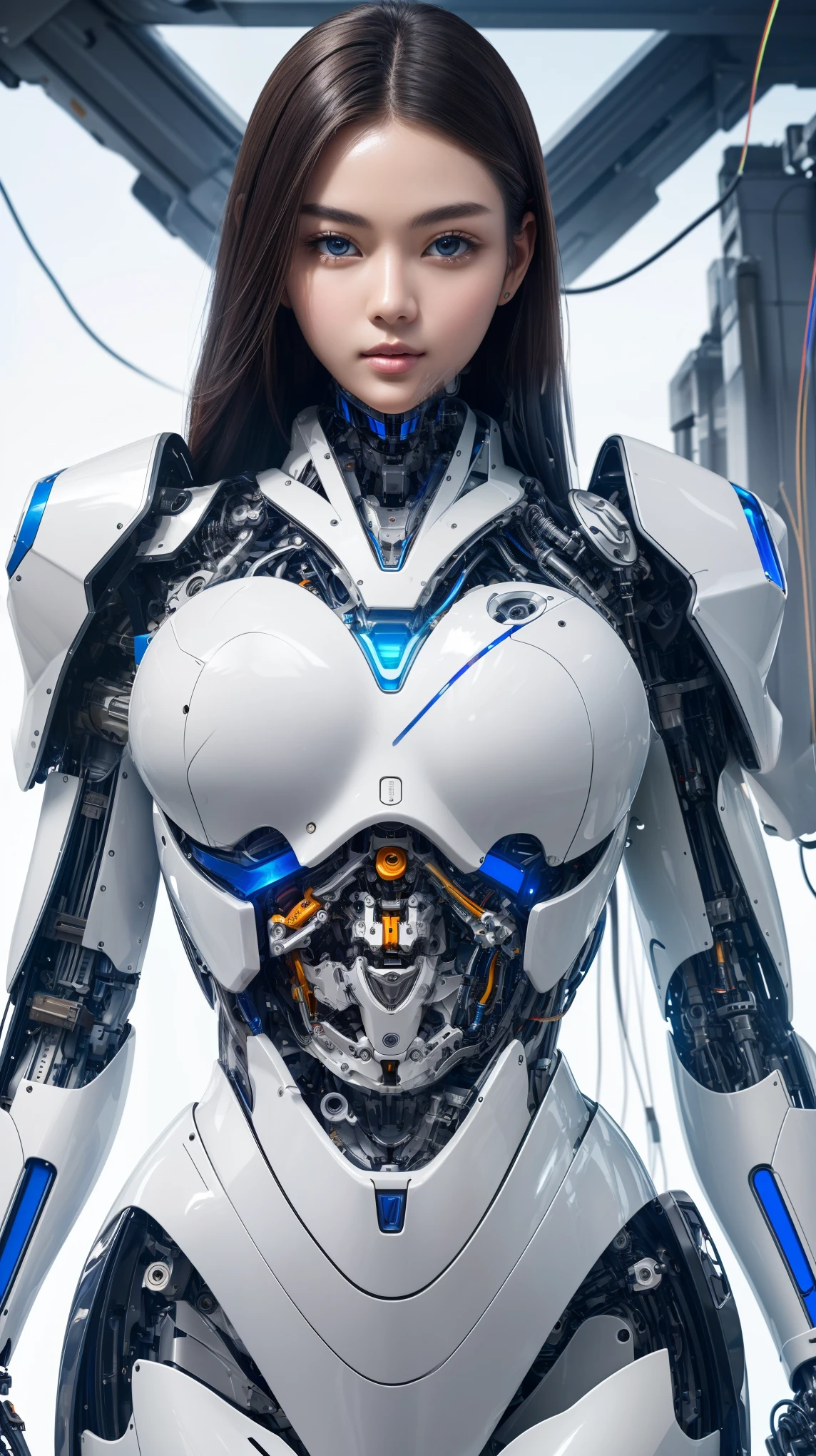 (((masterpiece))), photo Realism, (top Quality, High Quality, top resolution, high resolution), ultra detailed, high detailed, Beautiful robot woman, (Beautiful white Silky smooth face), extraordinary korean idol and mixed face, Beautiful round Curvy face, (perfect proportion symmetry clear face), (Beautiful detailed glossy generous mouthful:1.3), blue lighting clear eyes, model figure, long hair, mechanical futuristic armor, frame of perfect machine cylinder, complete parts, machine parts, wiring, robot long legs, upper body