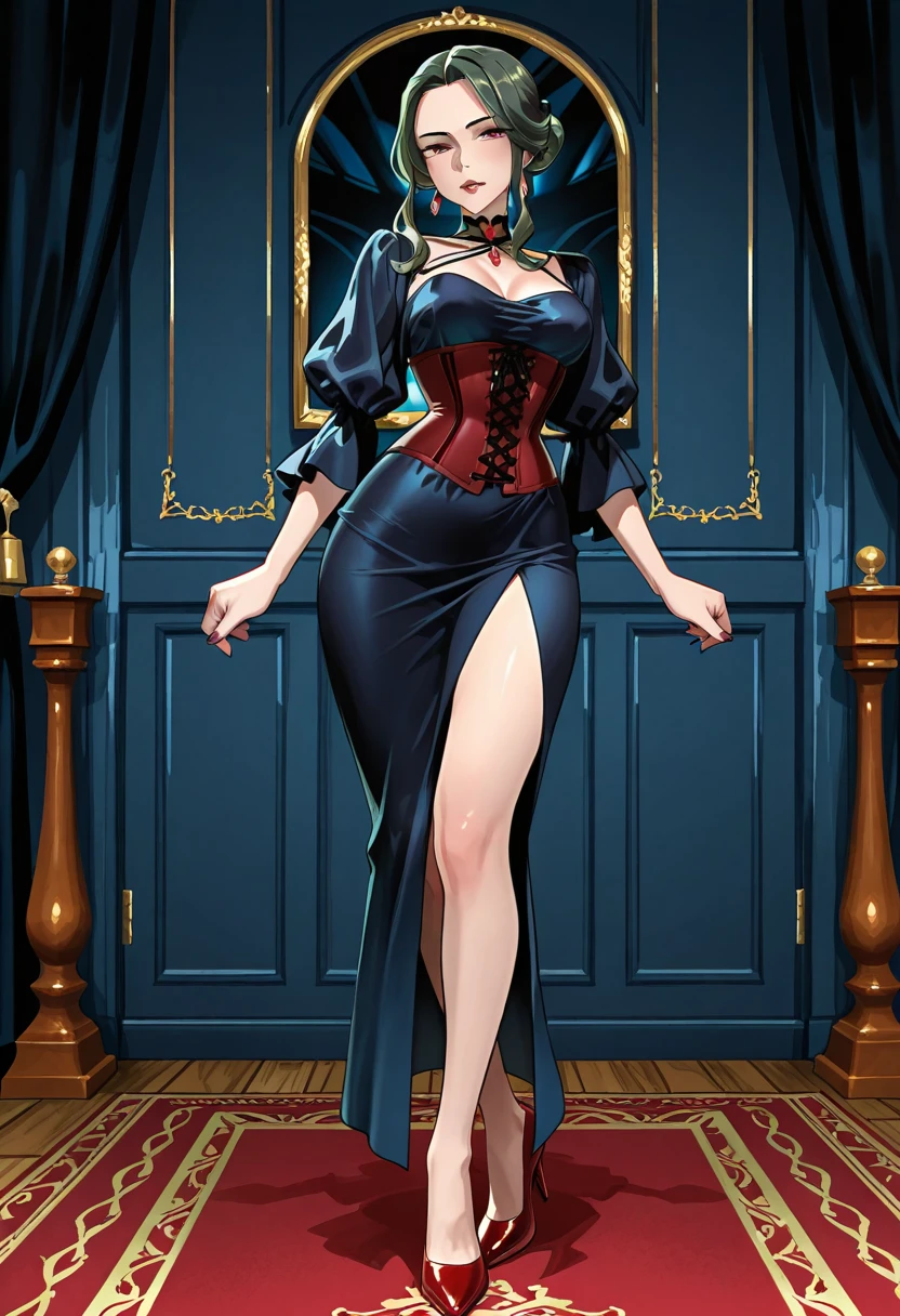 high quality fingers, normal hands, detailed fingers, masterpiece, (realistic, photo-realistic:1.37), (full body:1.5), High-end editorial-style photoshoot highlighting the beauty of a woman with blonde hair and bright blue eyes, dressed in a chic red and black corset, thin waist, seductive smile, large tits, perfect body, perfect face, (full body:1.5), set within the refined atmosphere of a Victorian ballroom. Stylish, elaborate jewelry made with expensive gems.