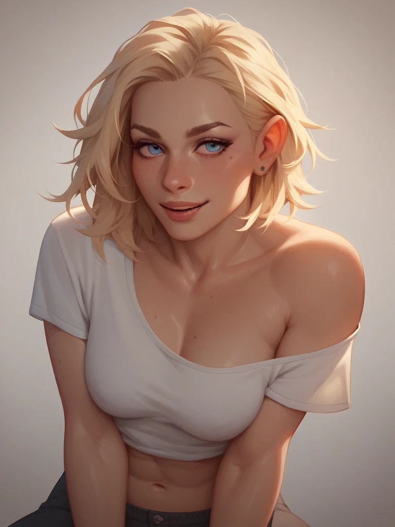 1 20-year-old sweaty blonde farmer with freckles all over her face and shoulders wearing a black t-shirt on a farm in the sun at a beautiful sunset